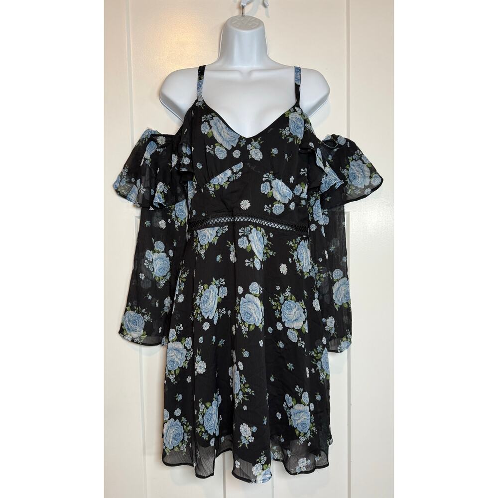 Disney Princess Dress Black Blue Floral Off Shoulder Bell Slv SIZE LRG‎